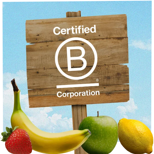 B Corp logo with fruit around it