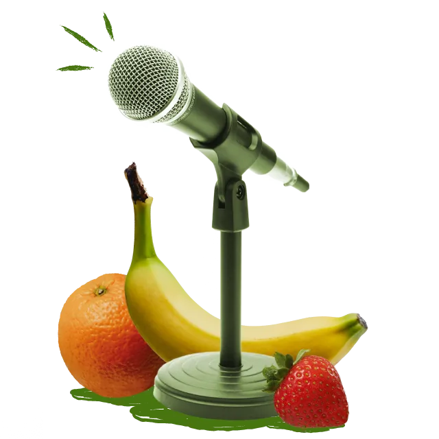 mircophone surrounded by fruit