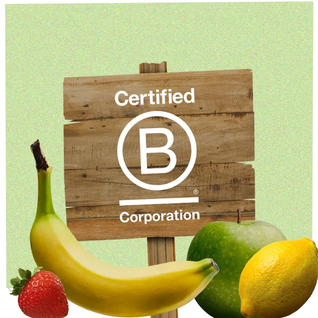B Corp logo with fruit around it