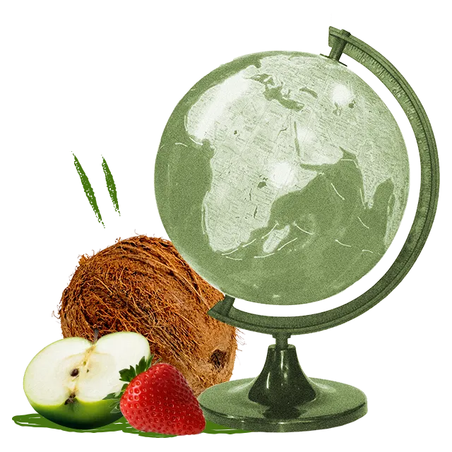 a globe with a coconut, half an apple and a strawberry to show our fruit sourcing