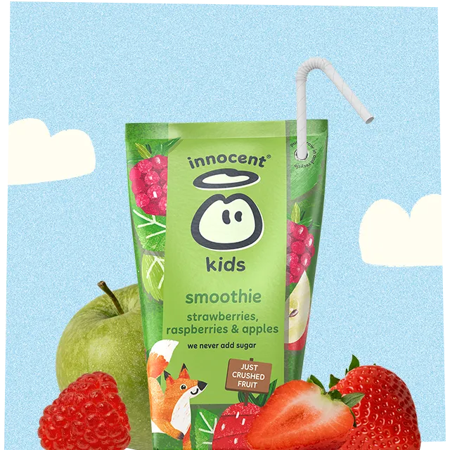 strawberries, raspberries and apples kids smoothie in a carton